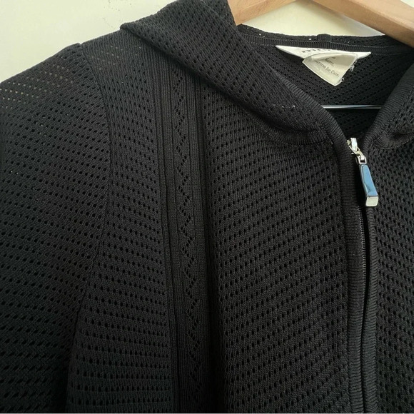 MISOOK Mesh Perforated Zip Up Hooded Jacket XS Black 3/4 Sleeve tab acrylic knit - Picture 5 of 13